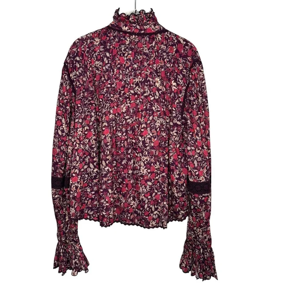 Farm Rio Chelsea Garden Blouse Large Purple Floral Ruffle Boho - Picture 10 of 10
